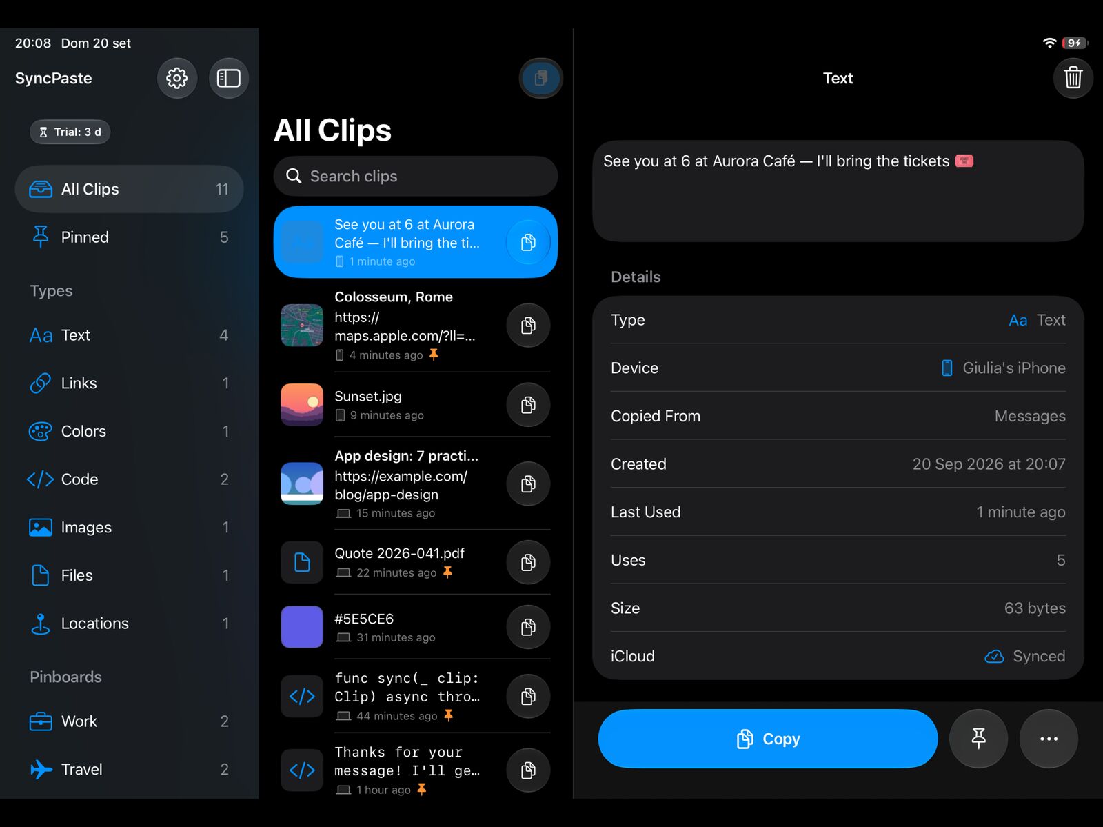 SyncPaste su iPad: elenco degli appunti a sinistra e dettaglio a destra.