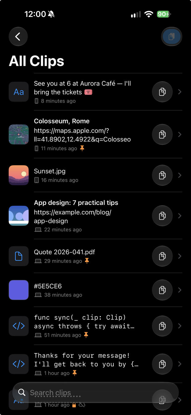 Elenco degli appunti su iPhone: testo, posizione, immagine, link, PDF, colore e codice.