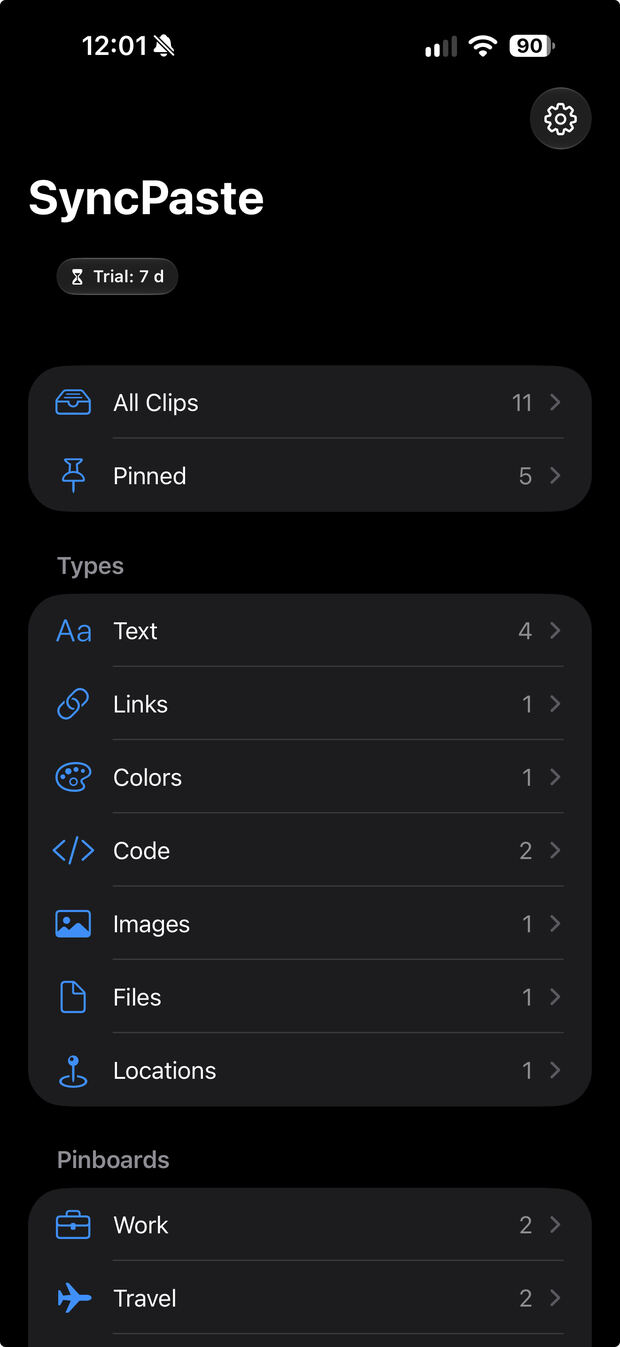 Schermata iniziale di SyncPaste su iPhone con i tipi di appunto e le pinboard.
