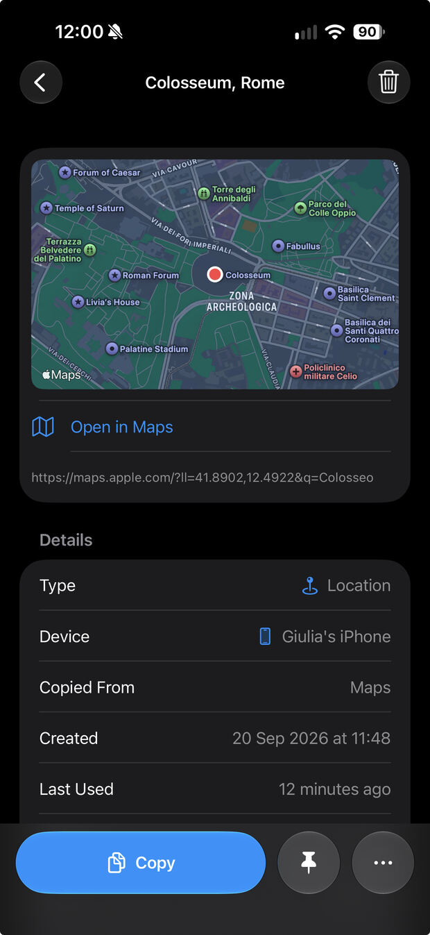Una posizione copiata, mostrata su iPhone con la mappa e il pulsante per aprirla in Mappe.