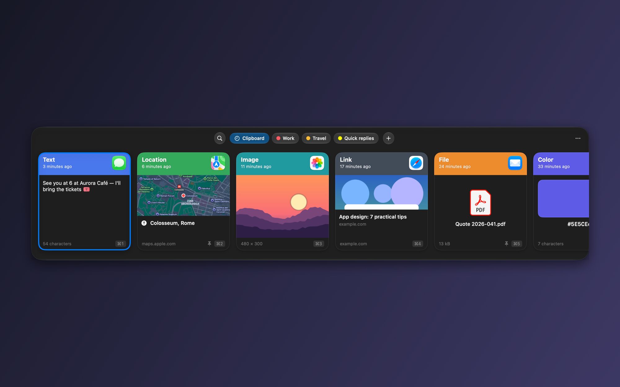 The SyncPaste shelf on Mac: a row of recent clips — text, location, image, link, file, color — floating above the app you are using.