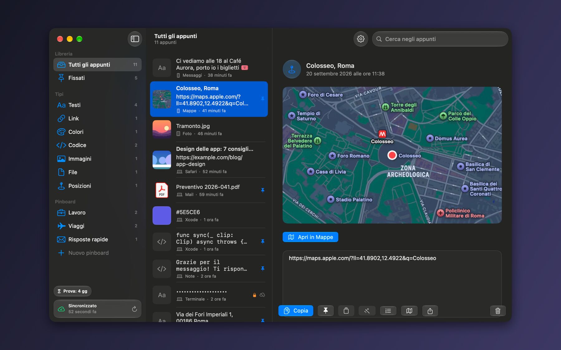 La finestra principale di SyncPaste su Mac: libreria a tre colonne con tipi, pinboard, elenco degli appunti e dettaglio.