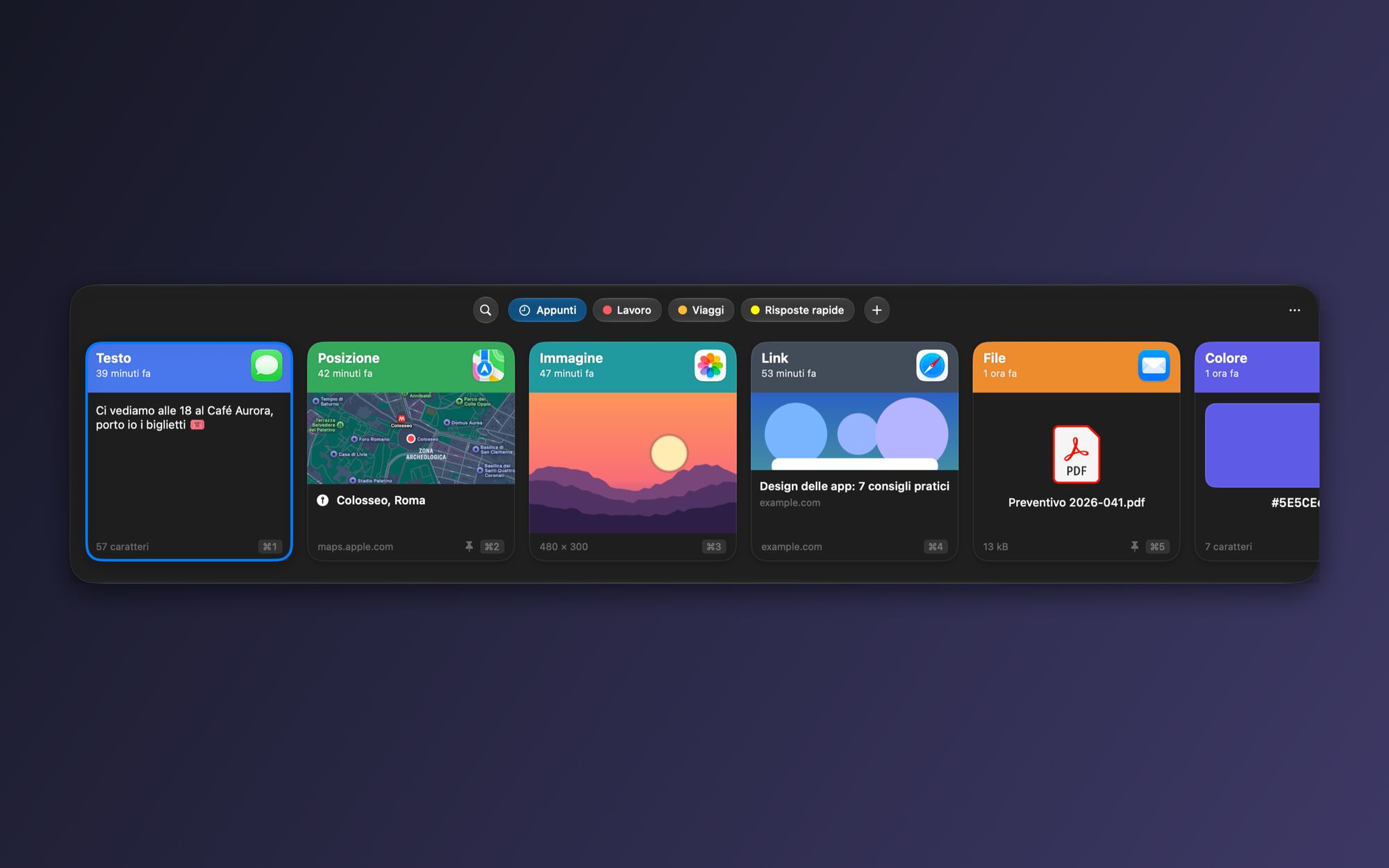Il pannello di SyncPaste su Mac: una riga di appunti recenti — testo, posizione, immagine, link, file, colore — sopra l'app in uso.
